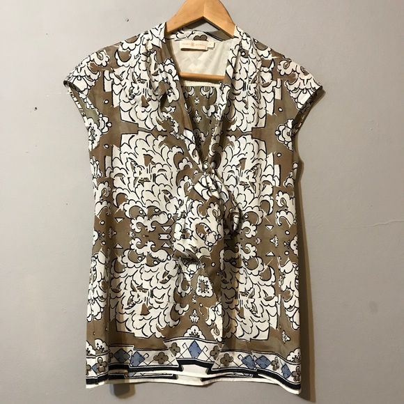 Tory Burch Tops - TORY BURCH IVORY PRINT STRETCH SILK BOW NECK TOP